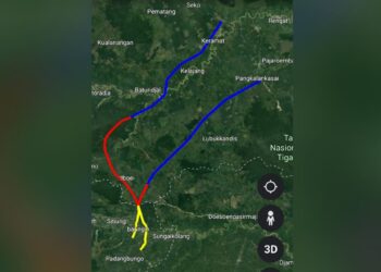 Peta 2 jalur alternatif feeder tol Dharmasraya-Rengar. Kuning; wilayah Dharmasraya, merah wilayah Kuansing dan biru wilayah Inhu. (Peta: Dok. PUPR Dharmasray)