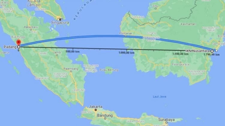 Peta jarak antara Kota Padang dan IKN Nusantara. (Peta: google maps)