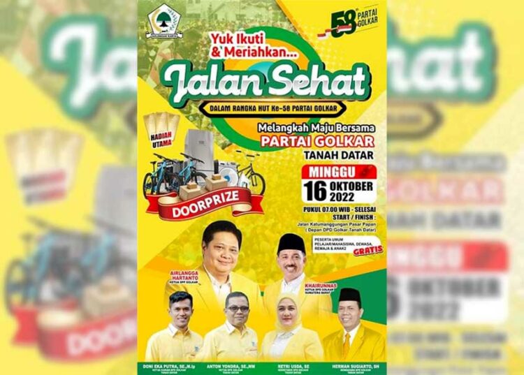 Langgam.id - Dewan Pimpinan Daerah (DPD) Partai Golkar Kabupaten Tanah Datar menggelar kegiatan jalan sehat, Minggu (16/10/2022).
