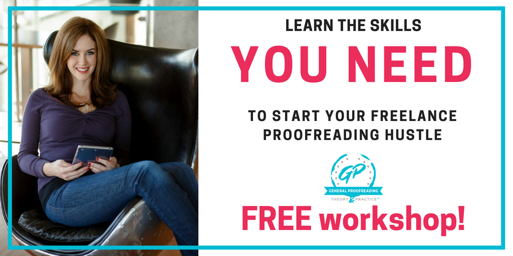 Free proofreading workshop graphic with woman sitting in chair