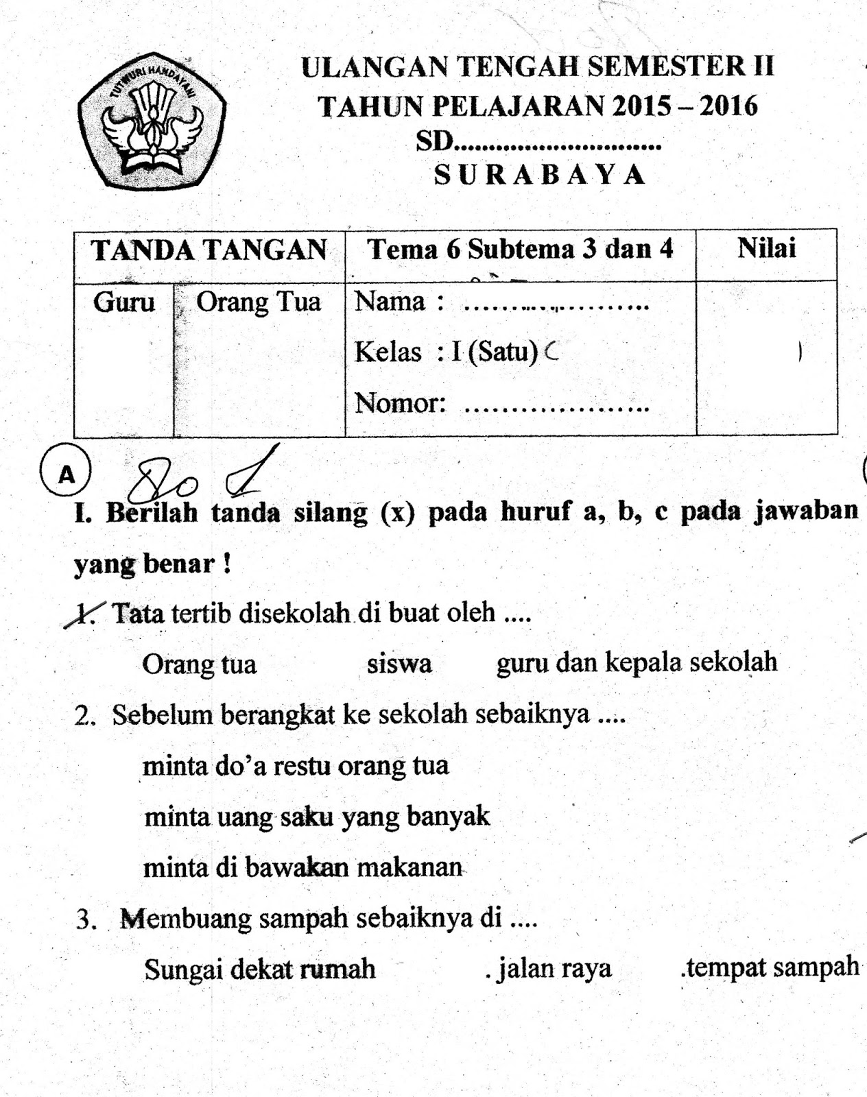 Soal Ulangan Harian Tematik Kelas 3 Sd Persubtema / Kisi Kisi Soal Uh ...