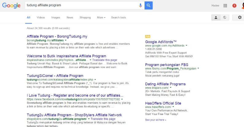 Platform Affiliate Malaysia Tudung Search
