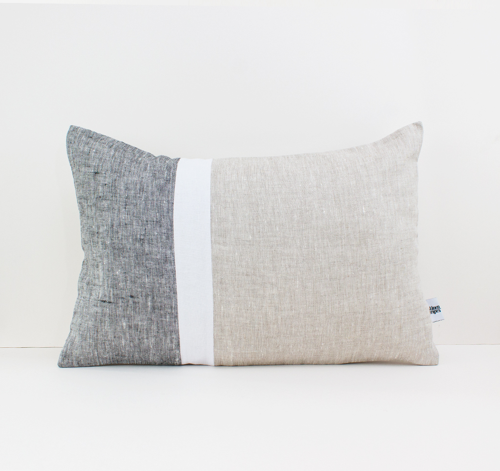 Geometric Cushion in Dark Gray White and Beige Color Block Pillow Linen throw pillow Decorative cushion case Lumbar pillow 1