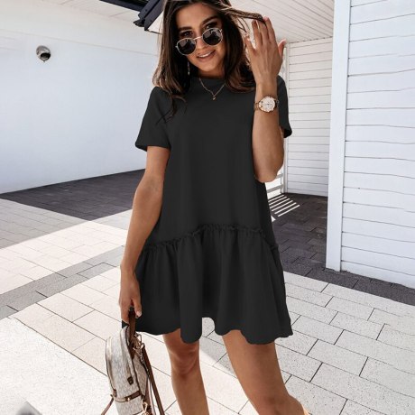 Fb đầm mini ngắn tay thường ngày dáng rộng phong cách đầm nữ đi biển viền lớn xếp nếp màu trắng cổ tròn màu đen mùa hè 2021 cho nữ áo choàng nữ 6