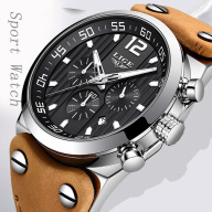LIGE Đồng hồ đeo tay nam Quân đội thể thao chống nước Analog Quartz Chronograph Active Auto Date Brown Leather Men thumbnail