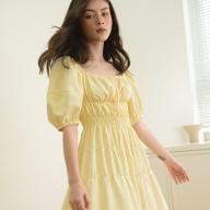 EDINI - Váy Đầm Kiểu Nữ Nhún Eo Tay Phồng Màu Vàng D1424 thumbnail