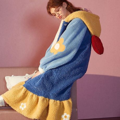 Ghjkihnmk đồ ngủ mùa đông thiết kế thời trang đồ ngủ nữ hoạt hình thêu chữ san hô lông cừu áo choàng tắm áo choàng tắm phong cách hàn quốc mặc nhà 9