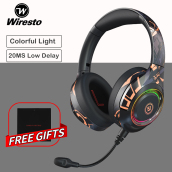 Wiresto RGB Over the Ear Headphone Bluetooth 5.0 Headset 20H Play No Latency Designer Painting Noise Cancelling Foldable Fast Charging Type-C Wired Wireless Headband Hi-Fi Sound Detachable Mic Super Bass Audio Cable Free Leather Storage Bag Universal Size