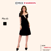 Đầm công sở thanh lịch EMIX (màu đen), dáng dài, cổ tim, phối voan màu be, tôn dáng, vải tuytxi một lớp nhưng không lộ