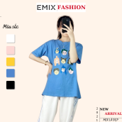 Áo phông nữ cổ tròn in nhiều hình EMIX (5 màu), form rộng, tay lỡ, chất cotton thô thấm hút, in nét căng không bong