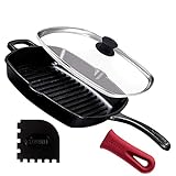 Cast Iron Square Grill Pan with Glass Lid - 10.5 Inch Pre-Seasoned Skillet with Handle Cover and Pan...