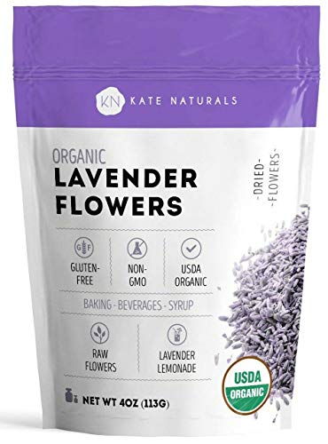 Organic Lavender Flowers - Kate Naturals. Premium Grade. Dried. Perfect for Tea, Lemonade, Baking, Baths. Fresh Fragrance. Large Resealable Bag. Gluten-Free, Non-GMO. (4 oz (Starter Size))