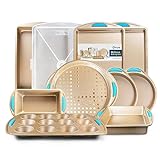 Baking Pan 10 Piece Set Nonstick Gold Steel Oven Bakeware Kitchen Set with Silicone Handles, Cookie...
