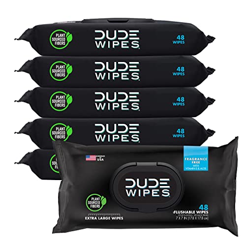 DUDE Wipes Flushable Wipes Dispenser, Unscented Wet Wipes with Vitamin-E & Aloe for at-Home Use, Septic and Sewer Safe, 48 Count (Pack of 6)