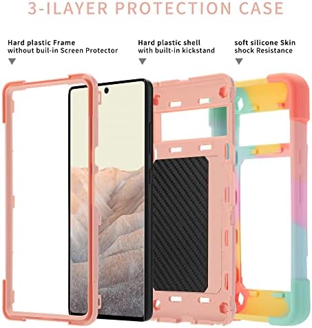 JIFVIK Compatible with Google Pixel 6 Pro Case (2021), Full Body Armor Cover with Ring Kickstand, Heavy Duty Protection Soft Silicone Hard Plastic Dual Layer Case (Colorful-Pink)