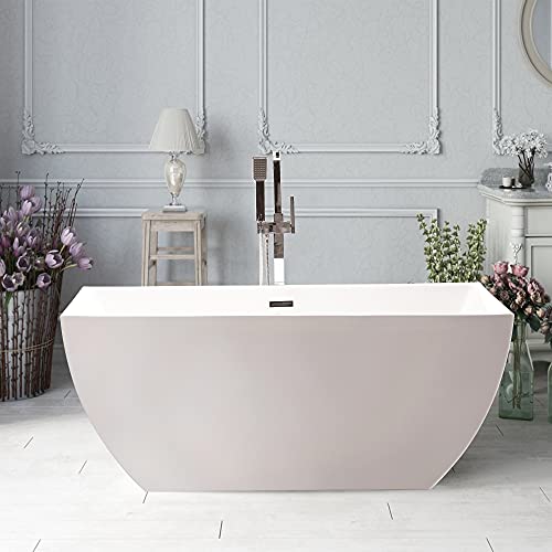 Vanity Art Freestanding White Acrylic Bathtub Modern Stand Alone Soaking Tub with Polished Chrome UPC Certified Slotted Overflow and Pop-up Drain (59' x 30') VA6821-S