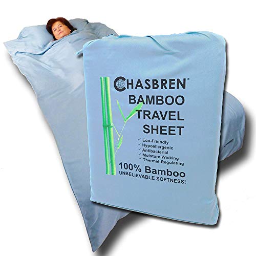 Chasbren Travel Sheet - 100% Bamboo Travel Bedding for Hotel Stays and Other Travels - Soft Comfortable Roomy Lightweight Sleep Sheet, Sack, Bag, Liner - Pillow Pocket, Zippers, Carry Bag (Blue)