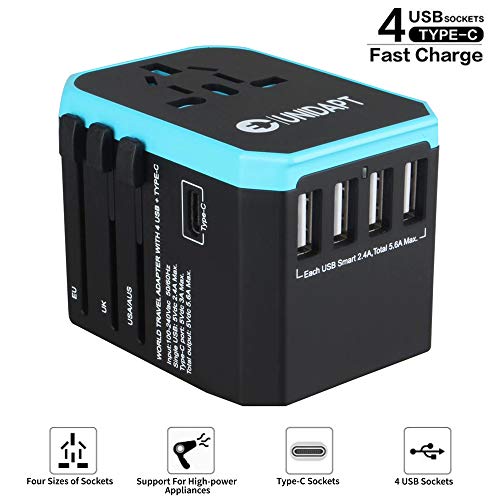 Unidapt Universal Travel Adapter, International Plug Adaptor Outlet Wall Charger Converter with 5.6A Smart Power and 3.0A USB Type C US to EU, AU, UK, USA