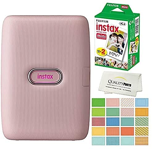 Fujifilm Instax Mini Link Smartphone Printer Plus Fujifilm Instax Mini Films 20 Pack. Plus Stickers. Bonus All-Purpose Microfiber Cloth (Pink)
