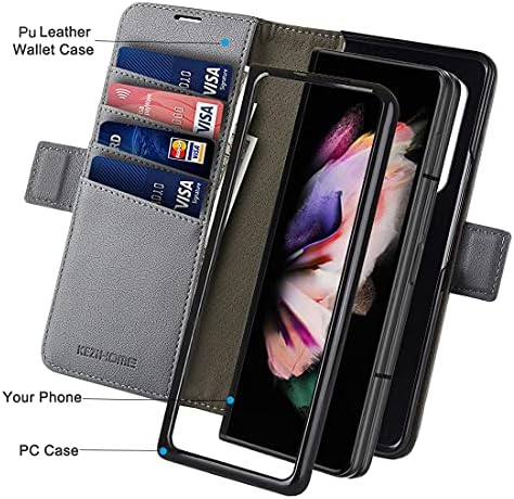 KEZiHOME Samsung Galaxy Z Fold 3 Wallet Case with S Pen Holder, PU Leather [RFID Blocking] Card Slots Kickstand Shockproof Flip Phone Cover Case Compatible with Galaxy Z Fold 3 5G (2021) (Gray)