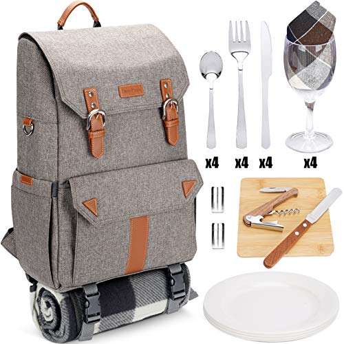 HappyPicnic Picnic Backpack for 4 Persons Insulated with Full Set of Tablewares, Roomy Cooler Compartment, Bottle Holders and Large Waterproof Picnic Rug