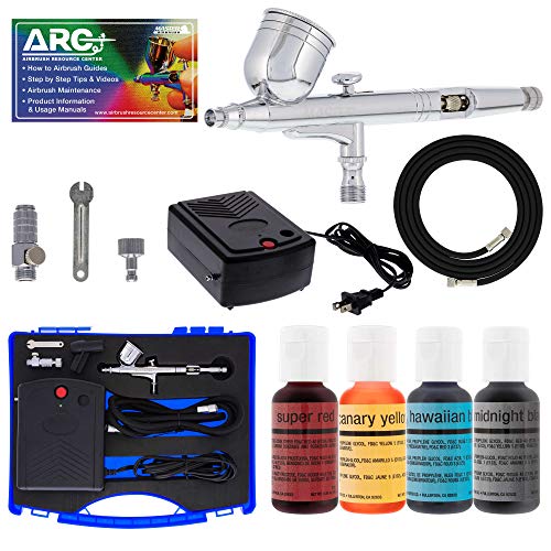 Master Airbrush Cake Decorating Airbrushing System Kit with a Set of 4 Chefmaster Food Colors, Gravity Feed Dual-Action Airbrush, Air Compressor, Hose, Storage Case and How-To-Airbrush ARC Link Card											