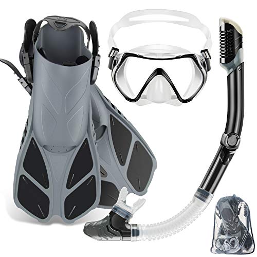 ZEEPORTE Mask Fin Snorkel Set with Adult Snorkeling Gear, Panoramic View Diving Mask, Trek Fin, Dry Top Snorkel +Travel Bags, Snorkel for Lap Swimming (Gray, S/M)