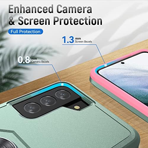KSELF for Samsung Galaxy S21 Case, Galaxy S21 5G Case with Tempered Glass Screen Protector, Shockproof Military-Grade Phone Case with Ring Kickstand for Samsung S21 Case 6.2" (Green & Pink)