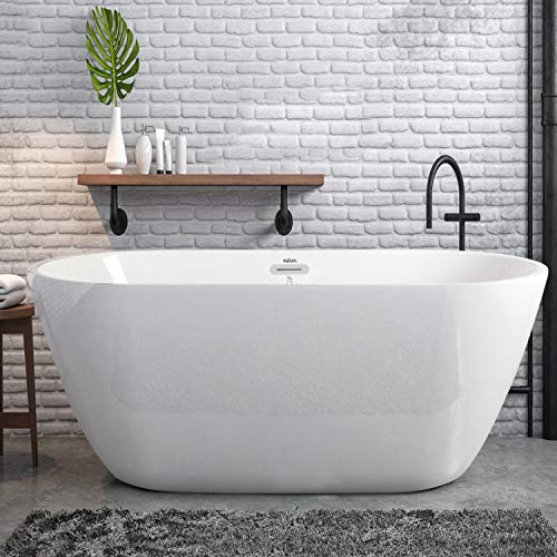 FerdY Bali 55' Acrylic Freestanding Bathtub, Gracefully Shaped Freestanding Soaking Bathtub, Glossy White cUPC Certified, Toe-Tap Chrome Drain and Classic Slotted Overflow Included, 02538