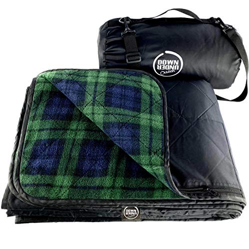 DOWN UNDER OUTDOORS Large Waterproof Windproof Extra Thick Quilted Fleece Stadium Blanket, Machine Washable Camping Picnic & Outdoor, Beach, Dog, 82 x 55 (Green Check) Festival Baseball Folding Rug