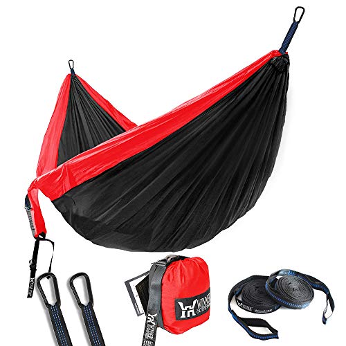 Winner Outfitters Double Camping Hammock - Lightweight Nylon Portable Hammock, Best Parachute Double Hammock for Backpacking, Camping, Travel, Beach, Yard. 118"(L) x 78"(W) Red/Charcoal