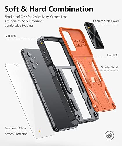 Rugged Case for Samsung Galaxy A32-5G: Drop Protective A32 5G Phone Cover Military Armor Protection Case with Built in Kickstand & Slide - TPU Shockproof Bumper Textured Matte Design - Orange