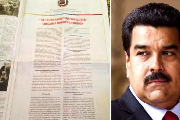 ¡DESESPERADO! Maduro paga millonario anuncio en el NYT para desmentir la «crisis fronteriza»