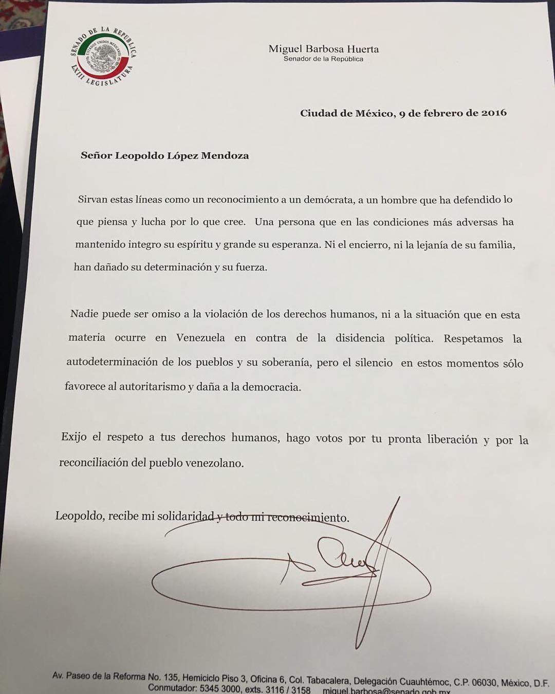 Carta enviada por el senador a Leopoldo López / Créditos: @liliantintori 