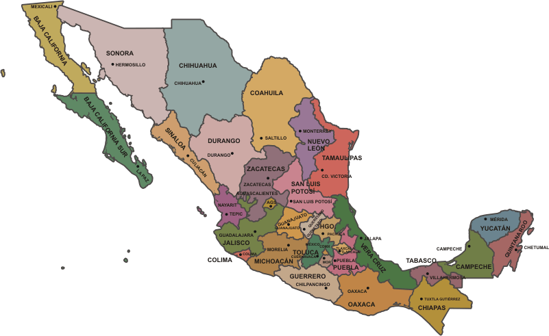 Mapa de México con nombres (2022). 