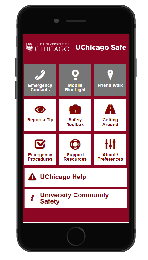 A smart phone screen showing the UChicago Safe app