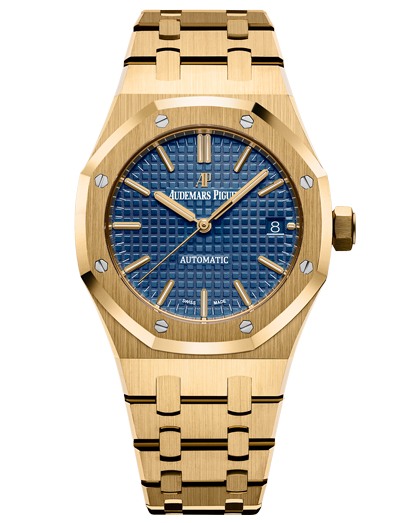 A gold watch with a  blue face
