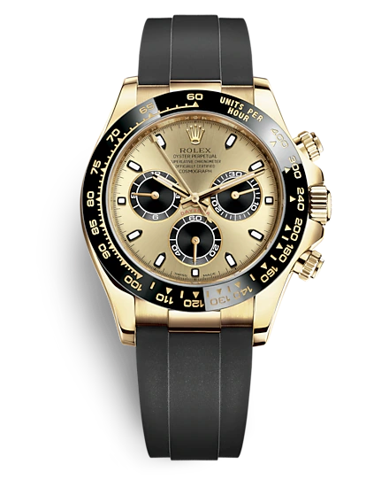 a gold watch with a black bezel and black subdials