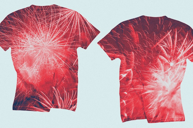 A collage of two t shirts with fireworks overlayed on them