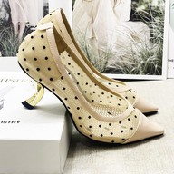 (Bảo hành 12 tháng) Giày cao gót nữ phối lưới chấm bi gót vàng kiểu thời trang - Giày nữ gót cao 5cm - Giày nữ da Nhung mềm phối Lưới 2 màu Đen và Hồng Da - Linus LN222 thumbnail