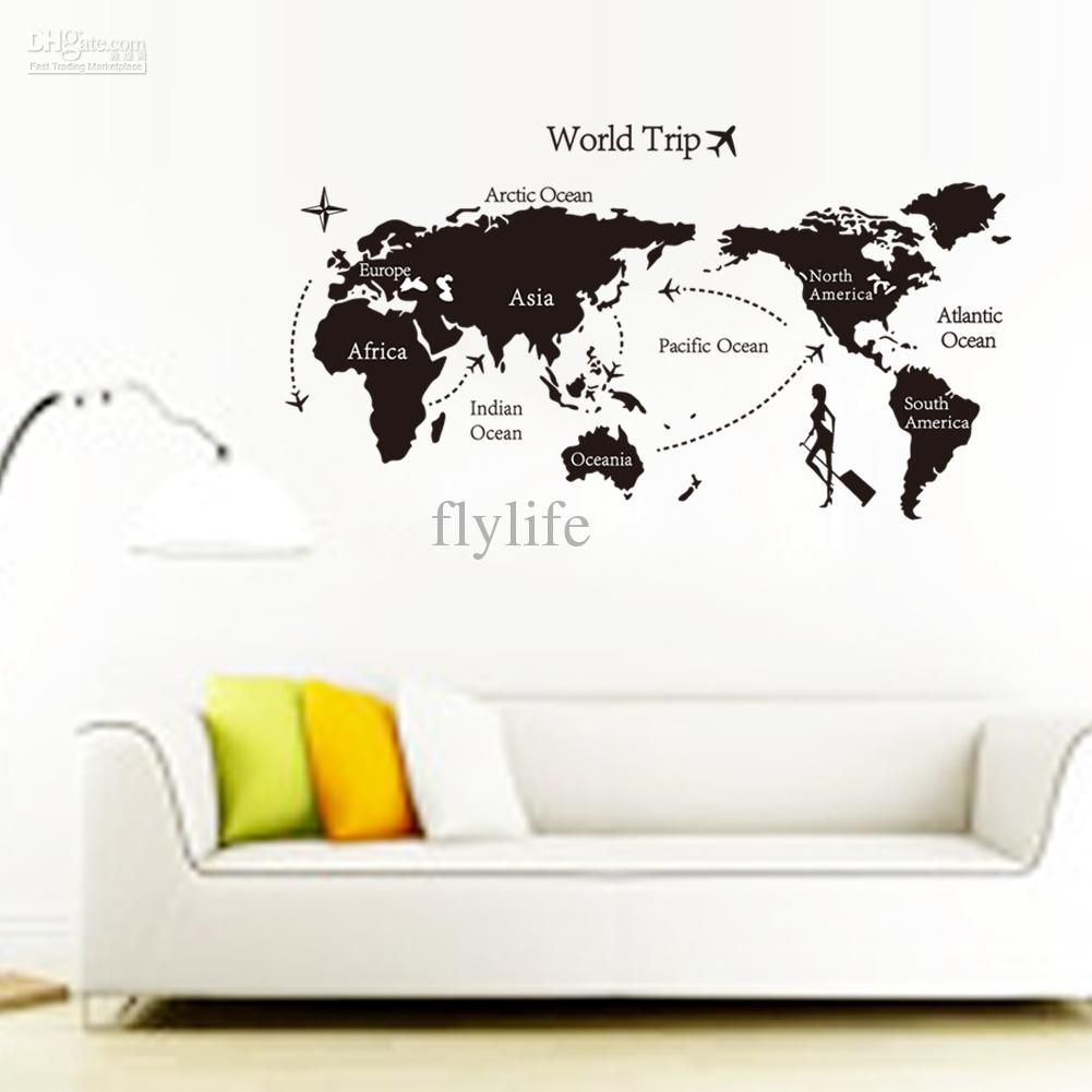 Large Black World Map Wall Decals And Decor Stickers For Living Room Pertaining To Wall Art Stickers World Map (Gallery 3 of 20)