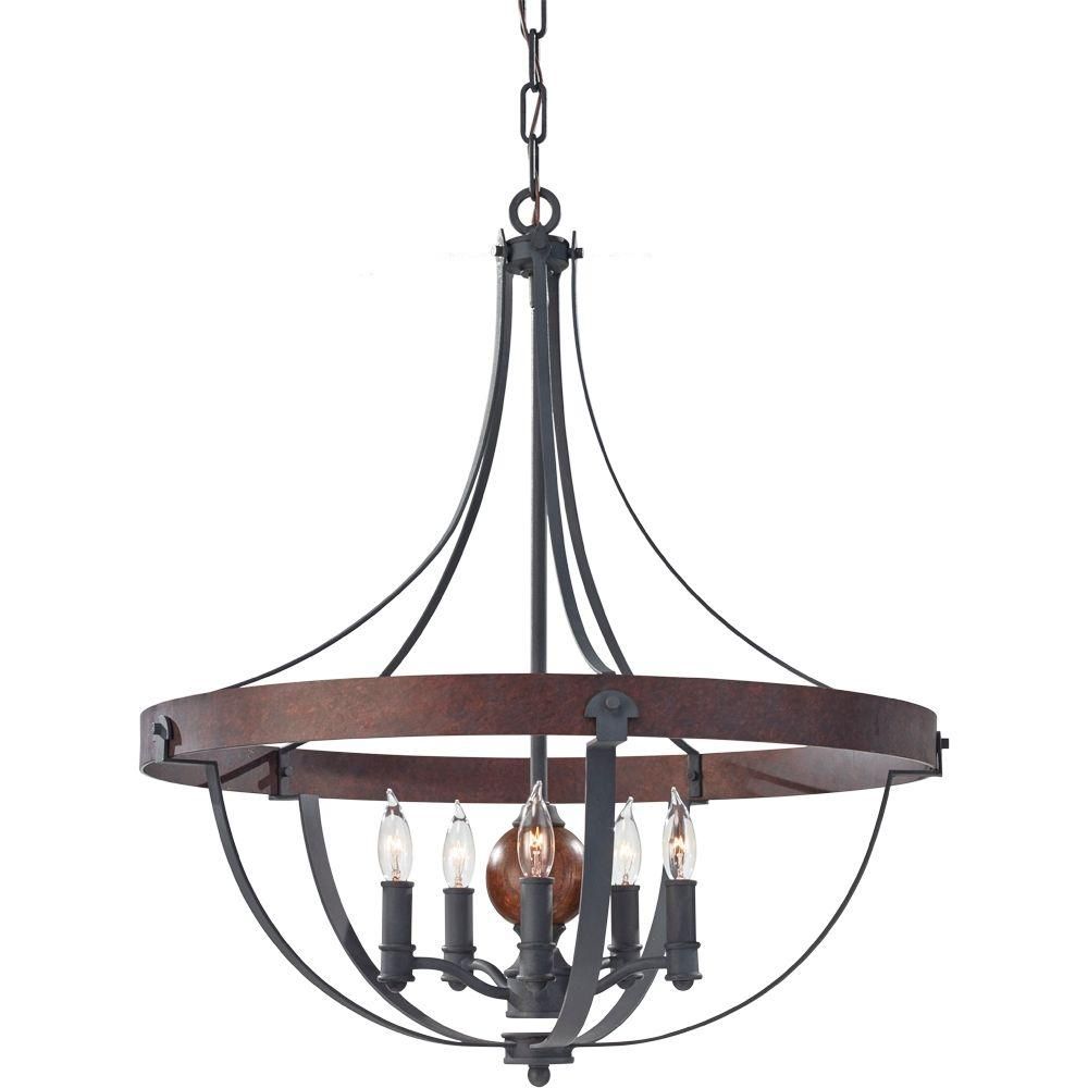 Feiss Alston 24 In. W. 5 Light Weathered Charcoal Brick/antique Forged Iron  Rustic Chandelier With Faux Wood Detail Regarding Carmen 8 Light Lantern Tiered Pendants (Gallery 21 of 30)