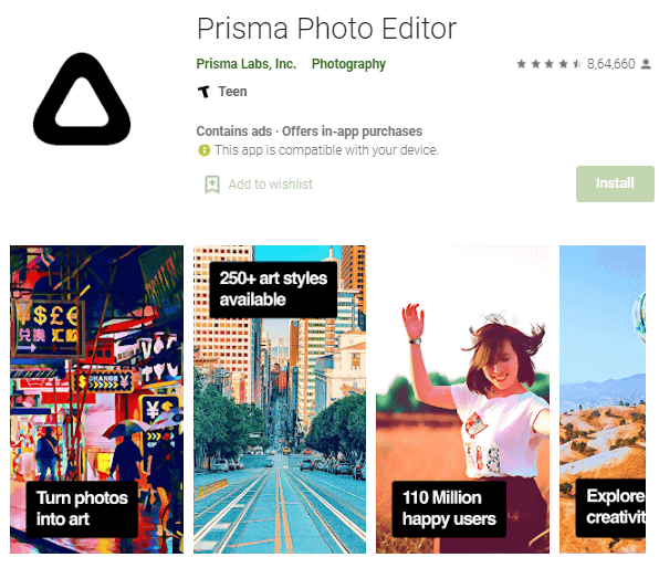 aplicações do editor de fotos prisma