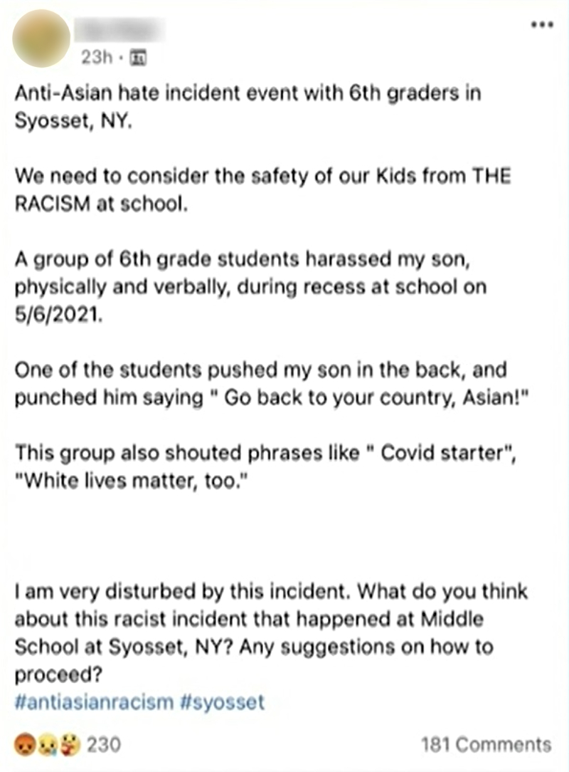 这名学生的母亲将所谓的事件发到了Facebook上。(photo:NextShark)