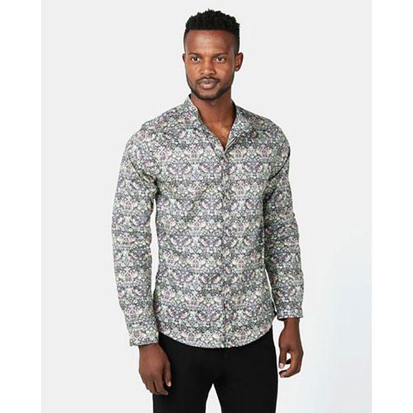Concealed Stand Cotton Shirt - Birds Of Paradise - Front
