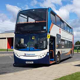 a double decker bus parked on the side of a road