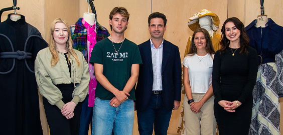 Fashion graduates Emily Gibson, Will Howard-Jones, Holly Hooker and Melissa Newton with Leo Fenwick (centre).