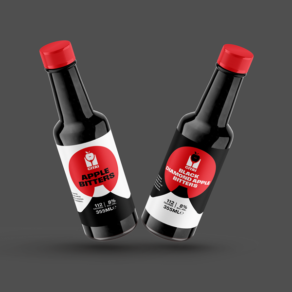 Graphic Design student work of 2 red and white bottles with brown/black liquid inside