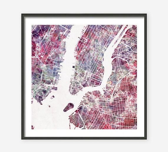 New York City Map Watercolor Painting Giclee Fine Art Throughout New York City Map Wall Art (Photo 2 of 20)