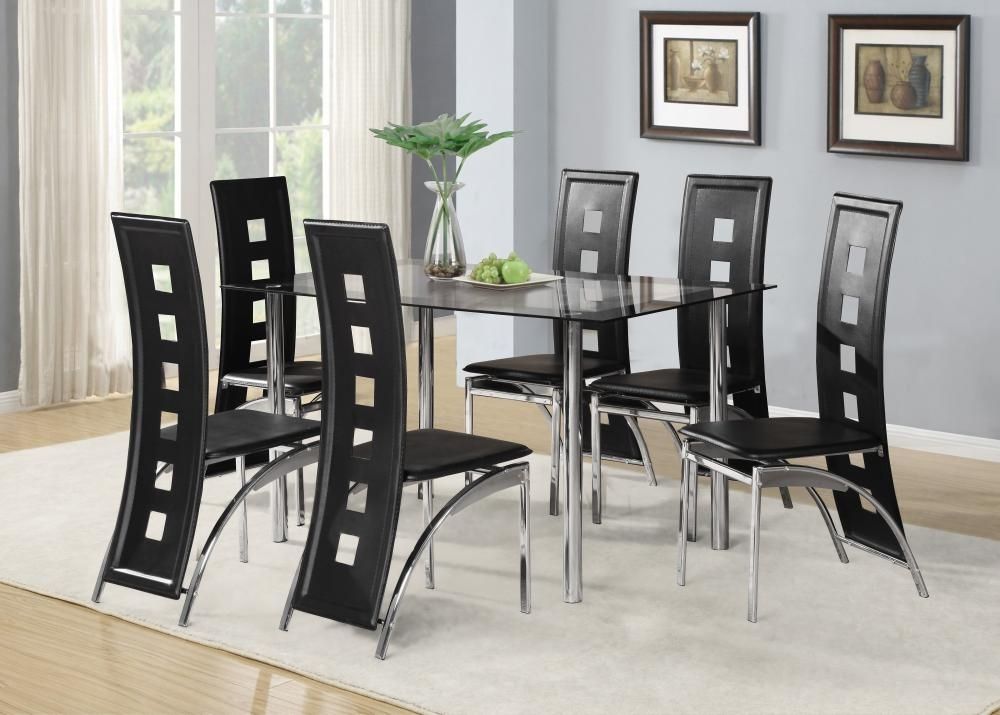 Black Glass Dining Room Table Set And With 4 Or 6 Faux Leather For Dining Room Glass Tables Sets (Photo 1 of 25)